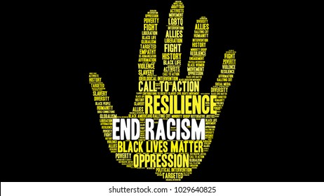 End Racism word cloud on a black background. 