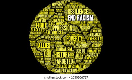 End Racism word cloud on a black background. 