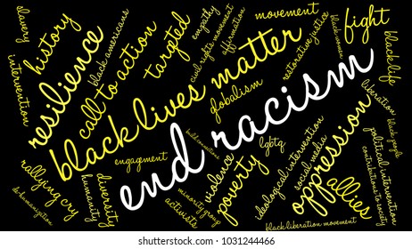 End Racism word cloud on a black background. 