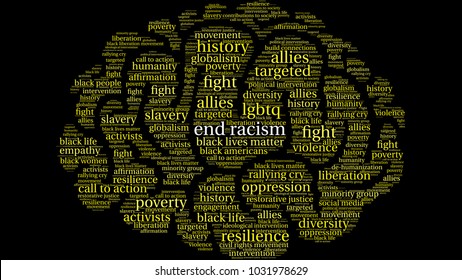End Racism word cloud on a black background. 
