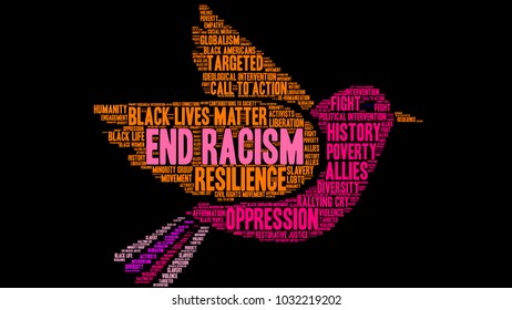 End Racism word cloud on a black background. 