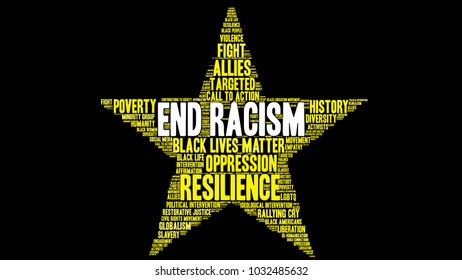 End Racism word cloud on a black background. 