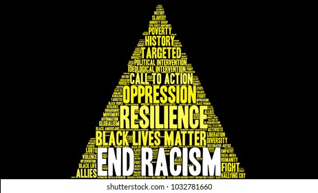 End Racism word cloud on a black background. 