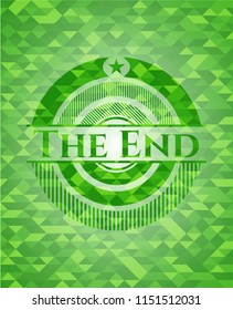 The End realistic green emblem. Mosaic background