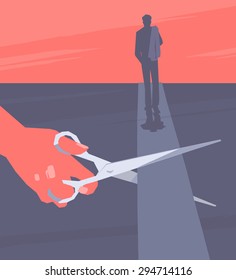End of relationship. The female hand using scissors cuts the road on which the man leaves. Retro style illustration.
