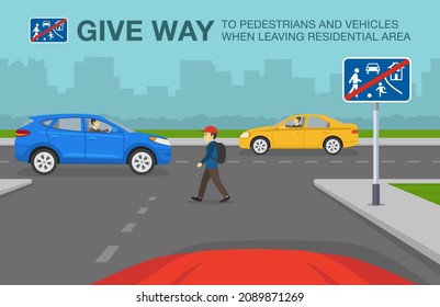 End of residential area and living street road or traffic sign meaning. Red car is leaving home zone. Pedestrian crossing the road. Flat vector illustration template.