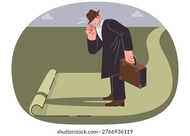 End of road for man with business suitcase, as metaphor for impasse in development or challenge. Detective guy in hat was walking along path and saw end of road, having failed in pursuing criminal