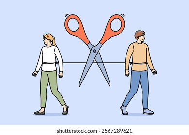 End of romantic relationship man and woman walking in different directions, near scissors cutting connection. End of relationship between guy and girl who quarreled due to lack of common interests