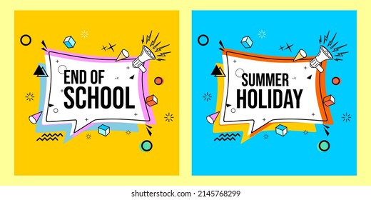 end of school banner in abstract memphis style, dynamic and cute elements, suitable for poster design