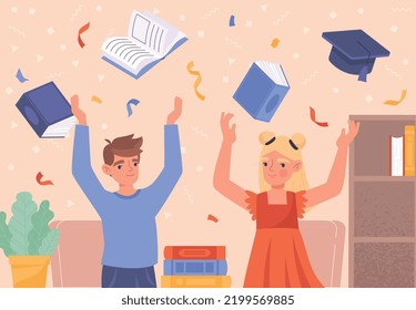 End of school. Boy and girl throw textbooks and writing materials up. Schoolchildren rejoice at last call. Education, training and learning. Children in classroom. Cartoon flat vector illustration