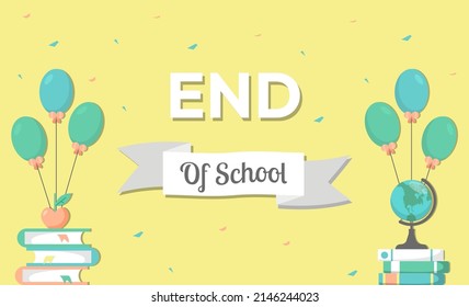 End of School Colorful Background with Decorations and Confetti great to be used to celebrate end of school or last day of school or used as a greeting card