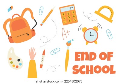 End of school. Poster banner end of school. Last day of school Graduates throw school items in the air. Vector illustration. Flat cartoon style.