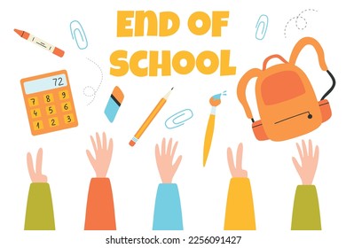 Fin de la escuela. Cartel de fin de escuela. El último día de clases los graduados tiran artículos escolares al aire. Ilustración vectorial. Estilo de caricatura plano.