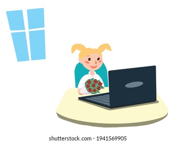End of school year 2021 online because of coronavirus lockdown. Making wishes during meeting videoconference. Girl sitting with flowers in front of the laptop and desk. 