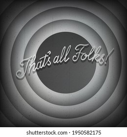 End screen with radial circles and typography That's all folks! Vintage retro scene with lettering like in old time hollywood movies