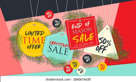 End of season banner. Christmas Sale vector set of tags hanging with half price text and with origami paper style for holiday discount promotion. Vector illustration. Happy New Year banner.