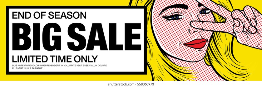 "End of Season. Big Sale. Limited Time only" Banner with Smiling Blonde Girl (retro comic art style) on Yellow Background. Vector illustration.