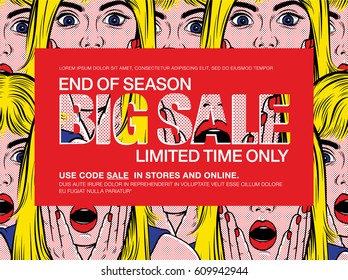 "End of Season. Big Sale. Limited Time Only" Banner with Surprised Blonde Girls (retro comic art style). Vector illustration.