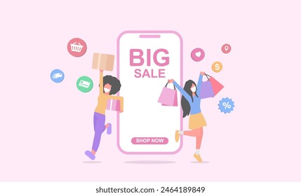 End of the season big sale for online shopping on mobile. Vector illustration.