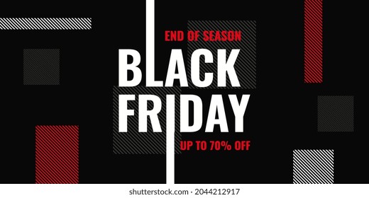 End of season Black friday sale background banner with up to 70 percent discount letter and red white geometric shape.