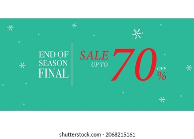 end of season final sale banner on green background, up to 70% off, christmas, winter, last season. Vector illustration