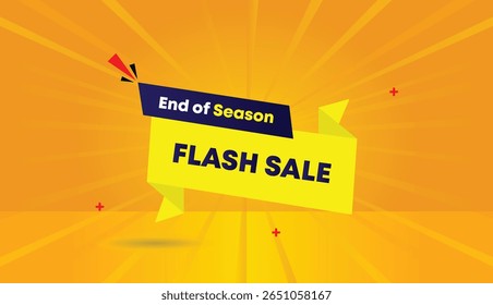 End of season flash sale editable web banner vector art illustration label icon badge template design with yellow blue gradient shapes orange sun shine abstract background perfect for unique promotion