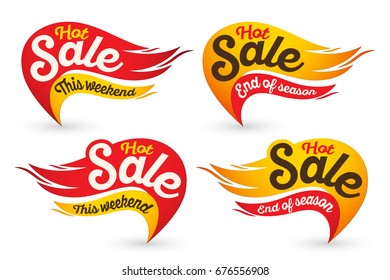End of season. Hot fire sale labels stickers templates. Vector illustration