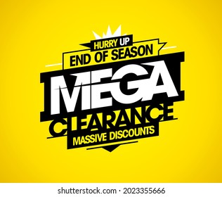 End of season mega clearance, massive discounts, advertising vector sale poster mockup, bright yellow color