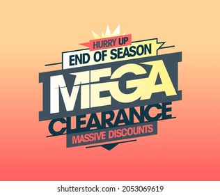 End of season mega clearance, massive discounts, advertising vector web banner mockup