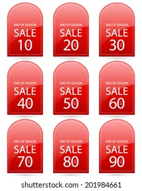 end of season sale up to 10,20,30,40,50,60,70,80,90 percent on tag red label set (vector)