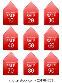 end of season sale up to 10,20,30,40,50,60,70,80,90 percent on triangle tag red label set (vector)