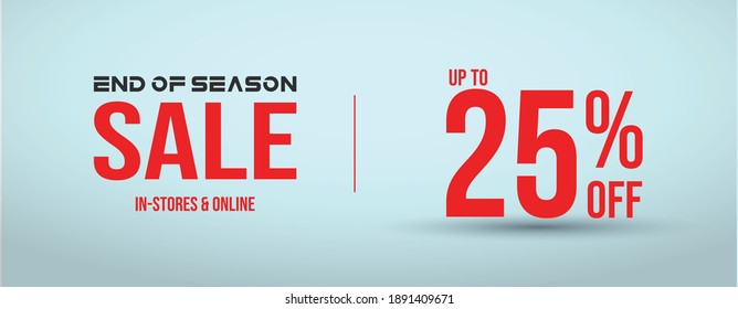 End of season sale with 25% off cover banner for website and social media in cyan background. 25% off sale banner for facebook and instagram post. 25% sale announcement web page  template. 