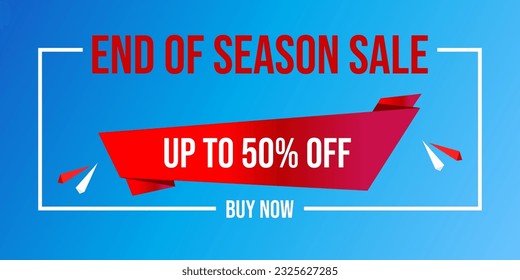 End of season sale. Up to 50% off. Buy now. Banner for web, e-commerce or social media. Blue Gradient Background. Bebas Neue Bold typography