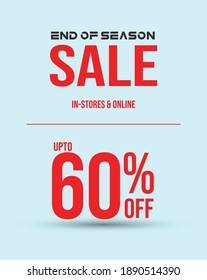 End of season sale with up to 60% discount in all stores and online in red color with cyan background facebook post template. End of season sale marketing post and banner 