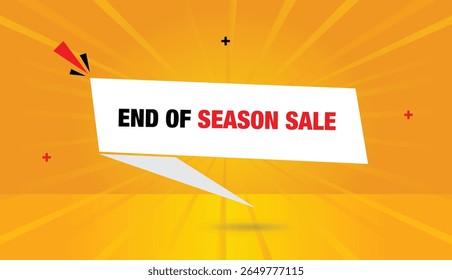 End of Season Sale editable web banner vector art badge icon label template design with white gray shapes red black bold text orange yellow abstract sun shine background for unique eye-catching displa