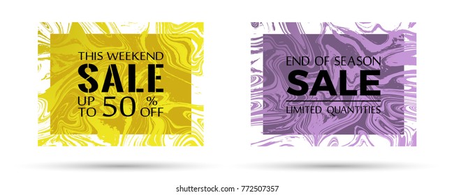 End of season sale, limited quantities and up to 50% off text. Simple marble texture vector frames. This weekend sale with up to 50 percent off advertising. Banners in trendy marble design.