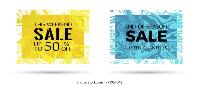 End of season sale, limited quantities and up to 50% off text. Fashionable marble texture vector frames. This weekend sale with up to 50 percent off advertising. Banners set in trendy marble design.