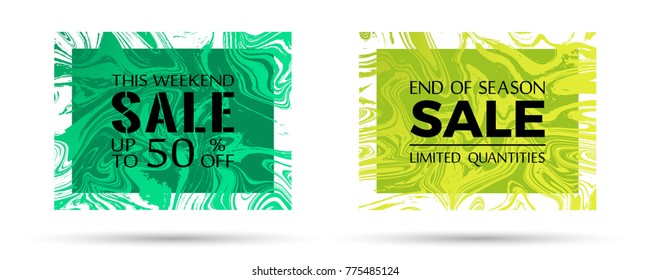 End of season sale, limited quantities and up to 50 percent off text. Marble texture vector frames. This weekend sale with up to 50 percent off advertising. Banners set in trendy jade marble design.