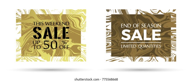 End of season sale, limited quantities and up to 50% off text. Flowing marble texture vector frames. This weekend sale with up to 50 percent off advert. Marketing banners set with brown marble design.