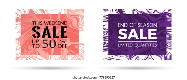 End of season sale, limited quantities and up to 50% off text. Bright marble texture vector frames. This weekend sale with up to 50 percent off advertising. Banners in trendy marble design.