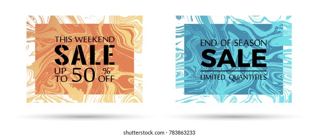 End of season sale, limited quantities and up to 50% off text. VIP marble texture vector frames. This weekend sale with up to 50 percent off advert. Marketing banners in brown blue marble design.