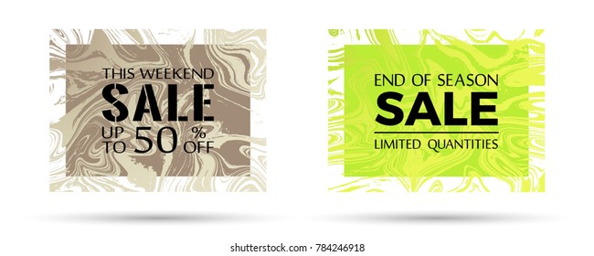 End of season sale, limited quantities text. Stylish marble texture vector frames. This weekend sale with up to 50 percent off advertising. Banners set in trendy fresh marble design.