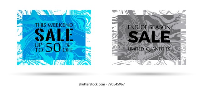 End of season sale, limited quantities and discount text. Rich marble texture vector frames. This weekend sale with up to 50 percent off advertising. Banners set in trendy marble design.