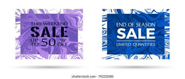 End of season sale, limited quantities text. Premium marble texture vector frames. This weekend sale with up to 50 percent off advertising. Banners set in trendy marble design.