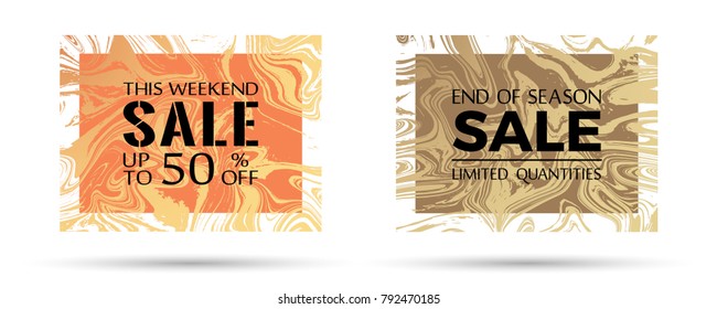 End of season sale, limited quantities and up to 50 off text. Memphis marble texture vector frames. This weekend sale with up to 50 percent off advertising. Banners set in trendy marble design.