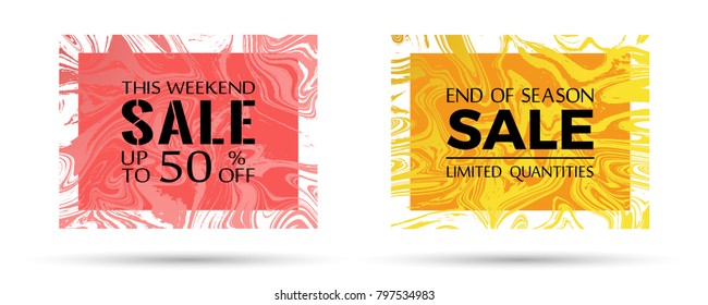 End of season sale, limited quantities and up to 50 off text. VIP marble texture vector frames. This weekend sale with up to 50 percent off advertising. Banners in trendy marble design.