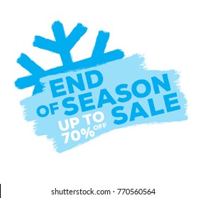 End of season sale up to seventy percent off inscription design blue template on white background with snowflake. winter vector.