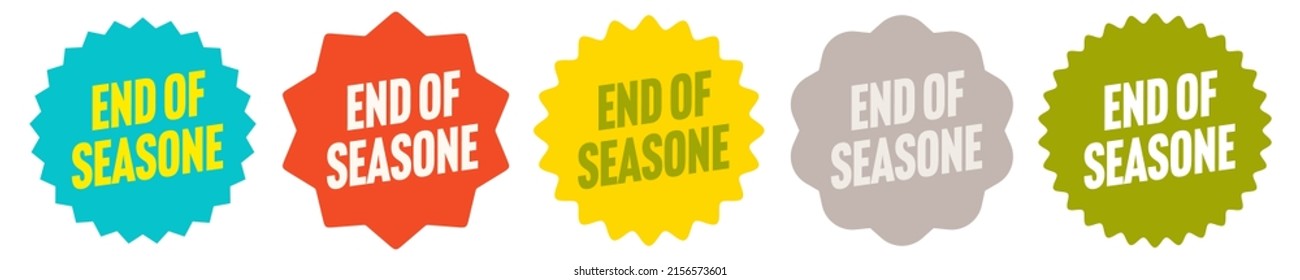 End of season sale sticker with starburst design set. Color badge with discount promotion message for marketing campaign vector illustration isolated on white background