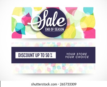 End of Season Sale, website header or banner set decorated with colorful floral leaves.