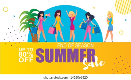 End of Season Sales Woman Shopping Offer Banner. Vector Flat Illustration with Happy Satisfied Cartoon Female Characters Standing with Paper Shop Bags. Total Discount up to 80 Percent off